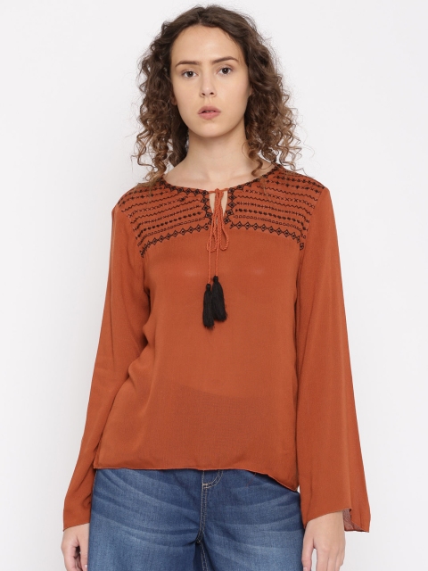 

Flying Machine Women Rust Brown Solid Top