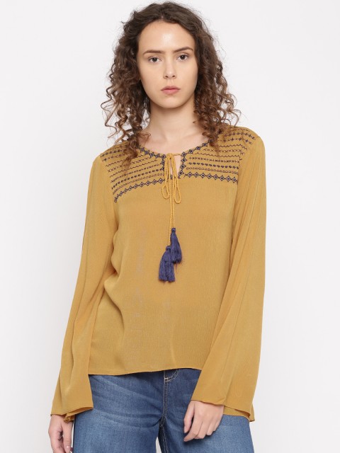 

Flying Machine Women Mustard Yellow Solid Top