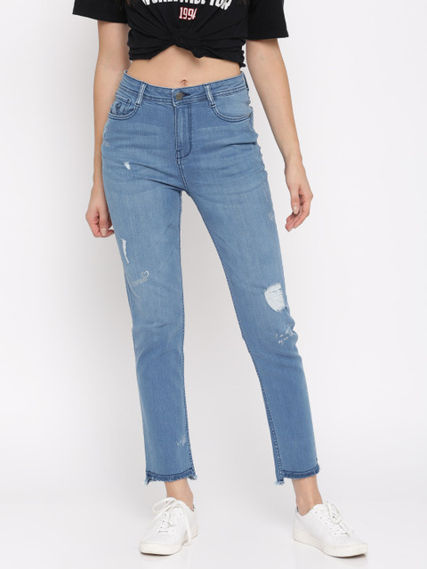 

Flying Machine Women Blue Slim Straight Fit High-Rise Mildly Distressed Stretchable Jeans