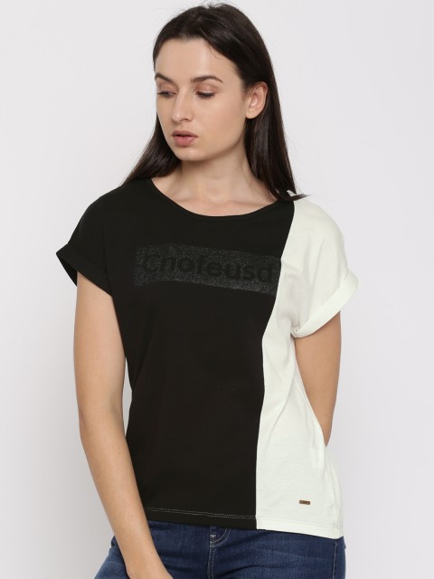 

Flying Machine Women Black Colourblocked Round Neck T-shirt