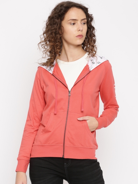 

Flying Machine Women Coral Pink Hooded Sweatshirt