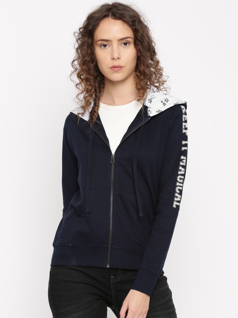 

Flying Machine Women Navy Printed Hooded Sweatshirt, Navy blue