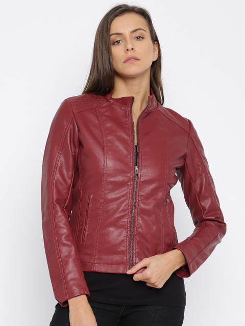 

Flying Machine Women Red Solid Biker Jacket