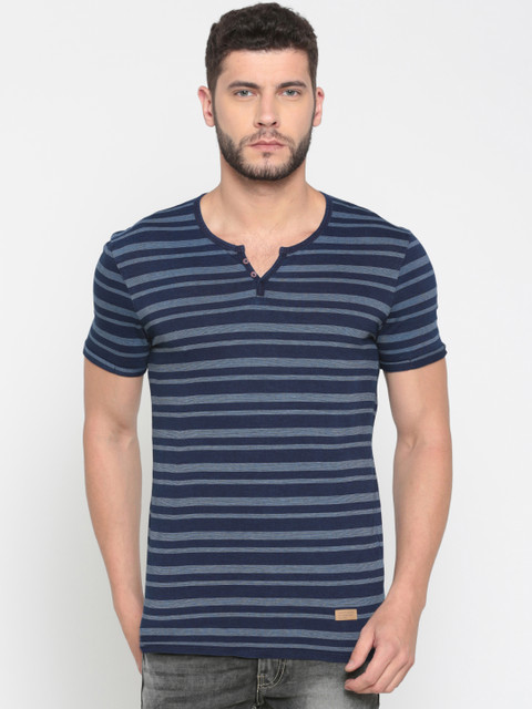 

United Colors of Benetton Men Navy Blue Striped Henley Neck T-shirt