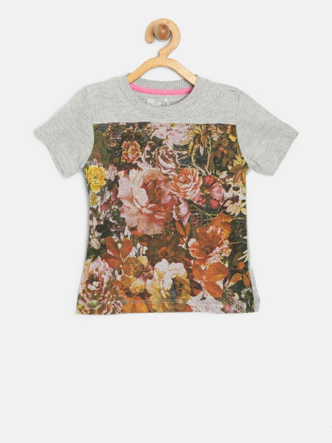 

Blue Giraffe Girls Grey Melange & Brown Floral Print Round Neck T-shirt