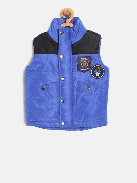 

Blue Giraffe Boys Blue & Black Colourblocked Sleeveless Padded Jacket