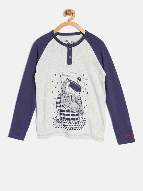 

Blue Giraffe Boys Grey Melange Printed Henley Neck T-shirt