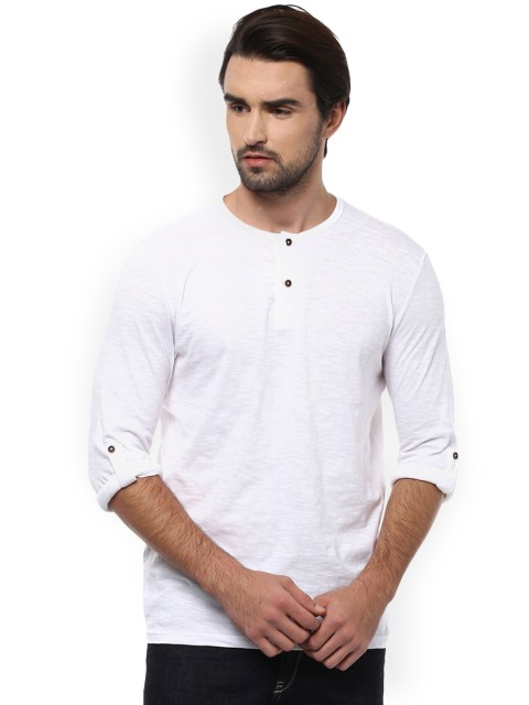 

People Men White Solid Henley Neck Slim Fit T-shirt