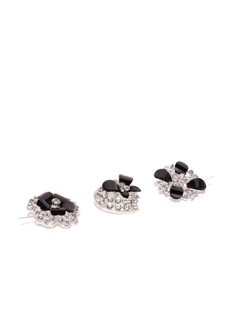 

Golden Peacock Women Set of 3 Black Silver-Plated Stone-Studded Brooches
