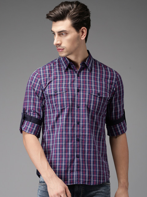 

HERE&NOW Men Navy & Red Regular Fit Checked Casual Shirt, Navy blue