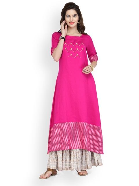 

Varanga Pink Cotton Gold Zari Embroidery Kurta With Skirt