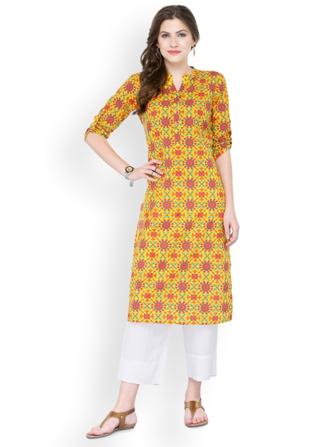 

Varanga Women Yellow Floral Print Straight Kurta