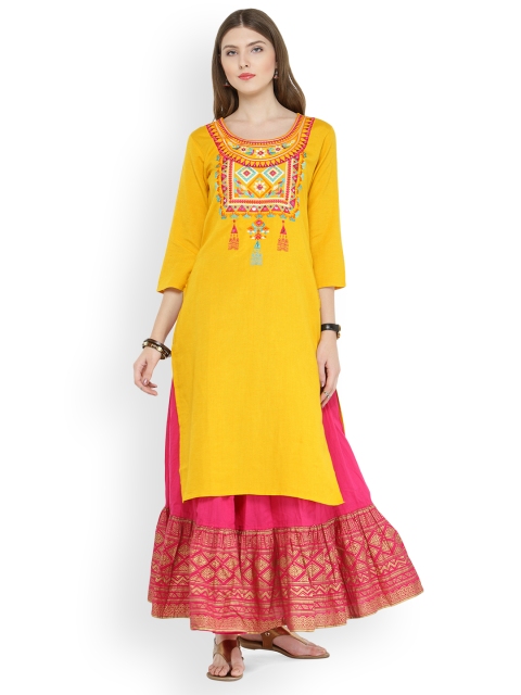 

Varanga Mustard Cotton Blend Embroidery Kurta With Skirt