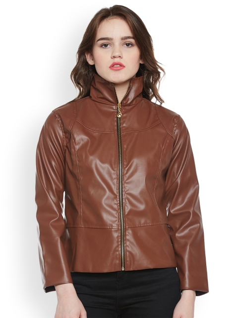 

Belle Fille Women Coffee Brown Solid Leather Jacket