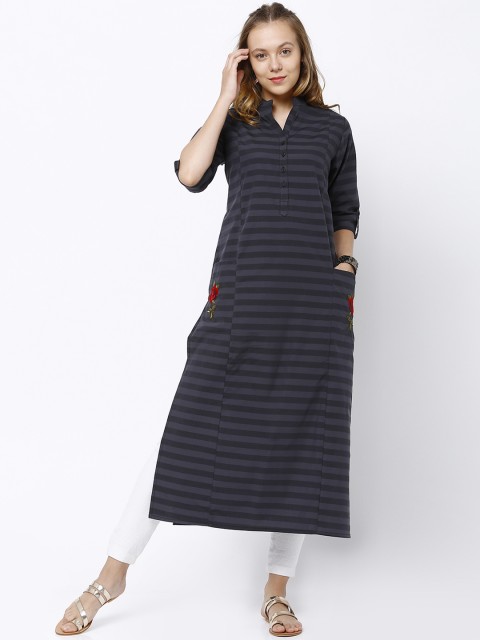 

Vishudh Women Grey & Black Striped Straight Kurta