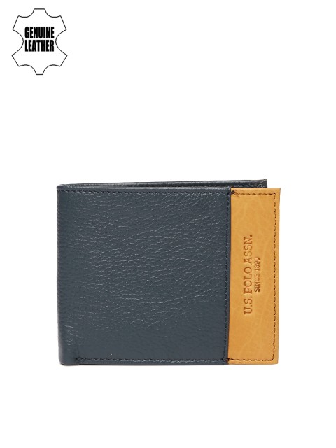 

U.S. Polo Assn. Men Navy Blue & Tan Colourblocked Two Fold Wallet