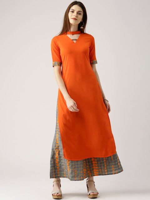 

Libas Women Orange & Blue Solid Kurta with Checked Palazzos