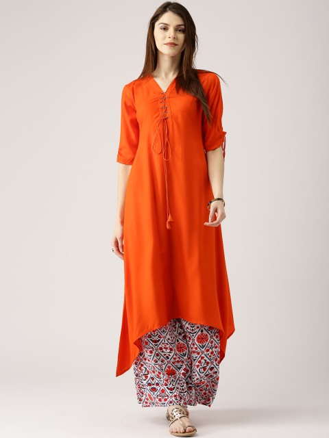 

Libas Women Orange & White Solid A-Line Kurta with Palazzos