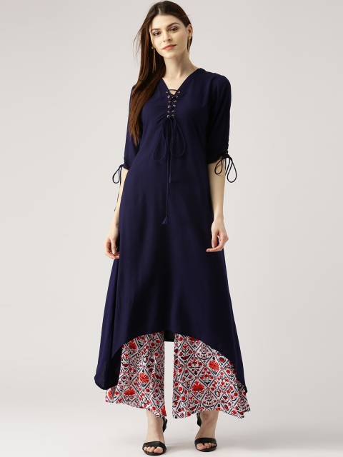 

Libas Women Navy Blue & White Solid A-Line Kurta with Printed Palazzos