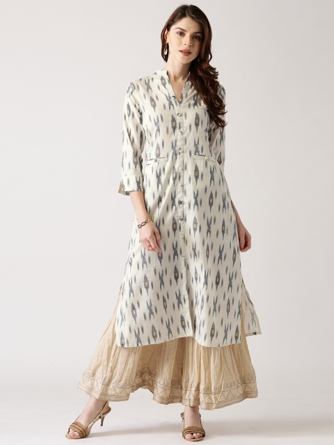 

Libas Women Off-White & Navy Woven Design A-Line Kurta