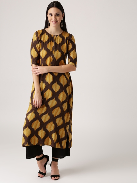 

Libas Women Coffee Brown & Mustard Yellow Printed A-Line Kurta