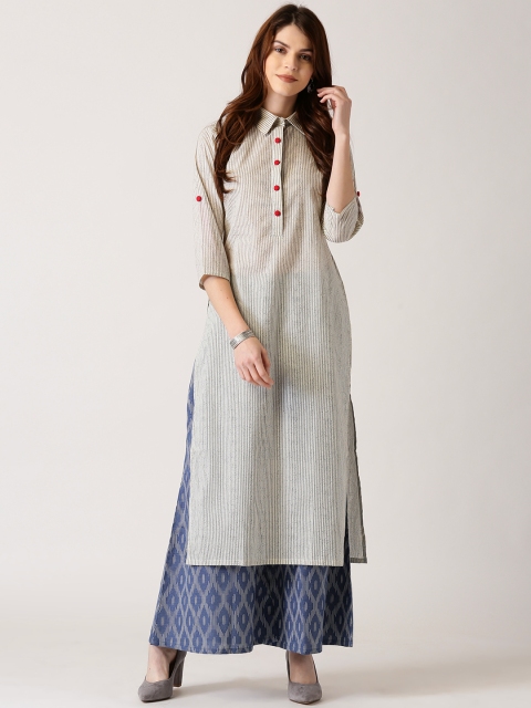 

Libas Women Off-White & Grey Striped Straight Kurta