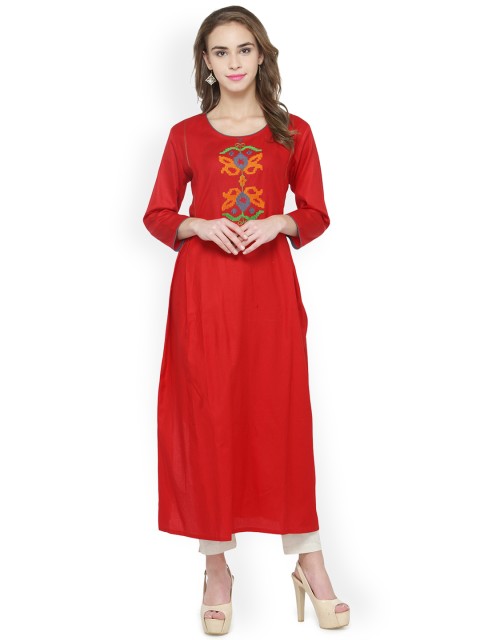 

Tulsattva Women Red Embroidered A-Line Kurta