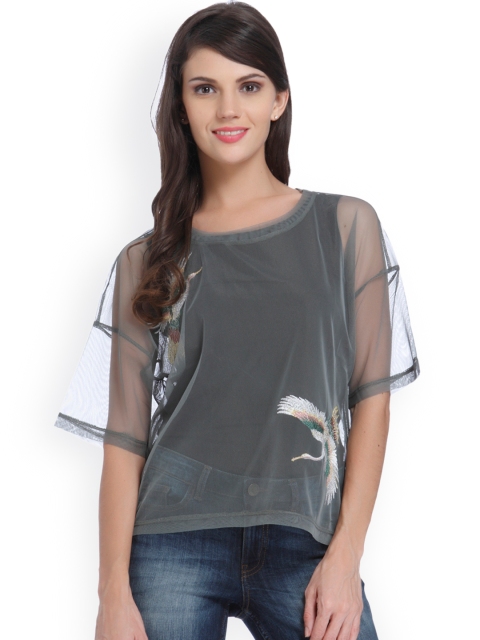 

ONLY Women Olive Green Self-Design Top