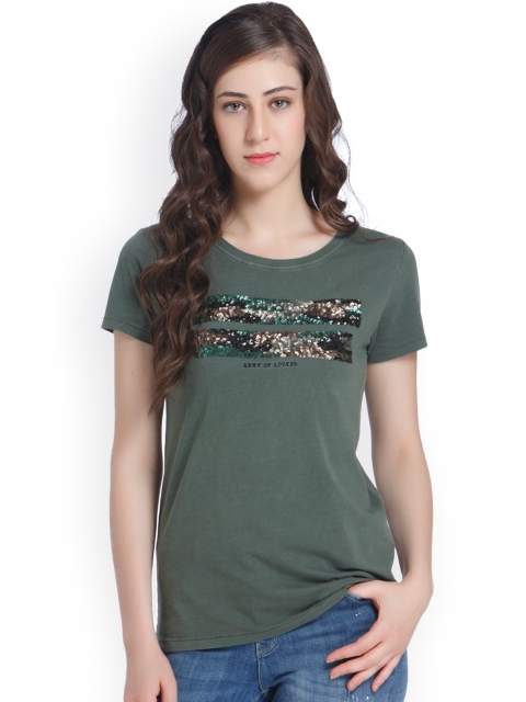 

ONLY Women Green Self-Design Round Neck T-shirt