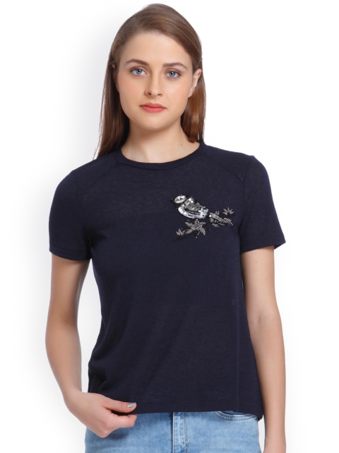 

ONLY Women Navy Blue Solid Round Neck T-shirt