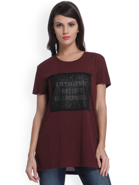

ONLY Women Burgundy Printed Round Neck T-shirt