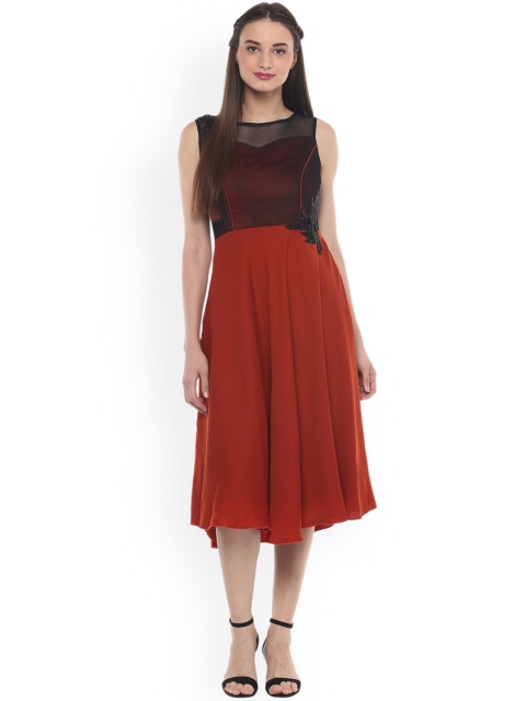 

Soie Women Rust Orange & Black Colourblocked A-Line Dress