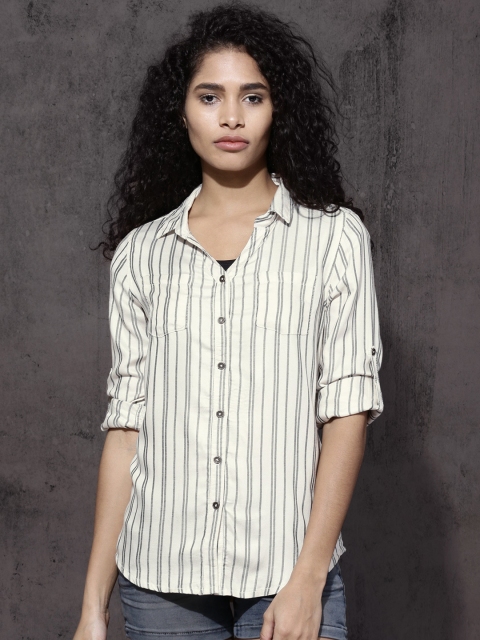 

Roadster Women Cream-Coloured & Black Regular Fit Striped Casual Shirt
