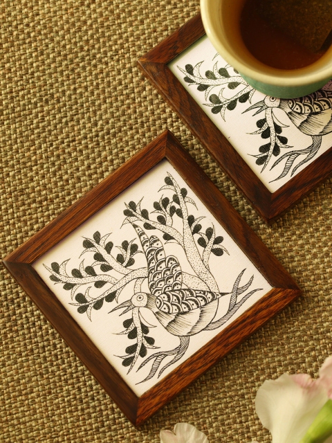 

ExclusiveLane Black & White 2 Pieces Hand-Painted Square Teakwood Coaster Set