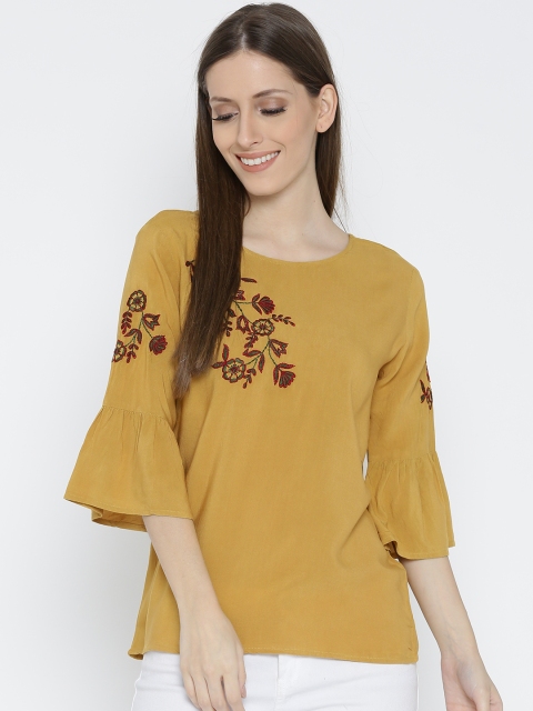 

Vaak Women Mustard Yellow Embroidered Top