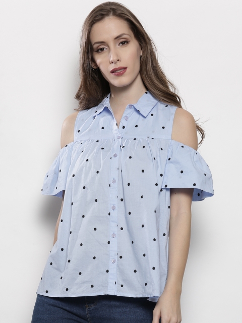 

DOROTHY PERKINS Women Blue Self-Design Cold Shoulder Shirt