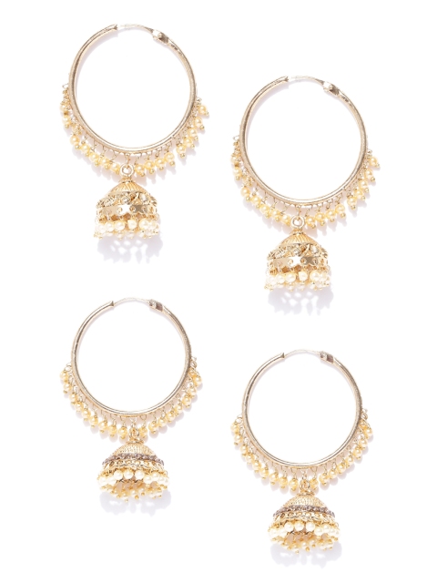 

Zaveri Pearls Set of 2 Off-White Gold-Plated Beaded Hoop Earrings