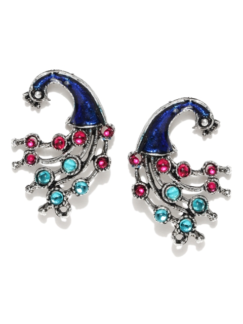 

Zaveri Pearls Blue Silver-Plated Peacock-Shaped Stone-Studded Oversized Studs