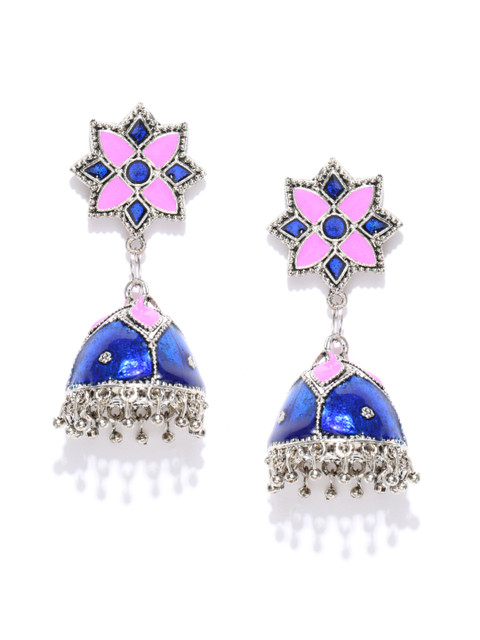 

Zaveri Pearls Blue & Pink Silver-Plated Enamelled Dome-Shaped Jhumkas