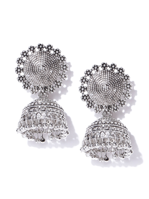 

Zaveri Pearls Oxidised Silver-Plated CZ Stone-Studded Jhumkas