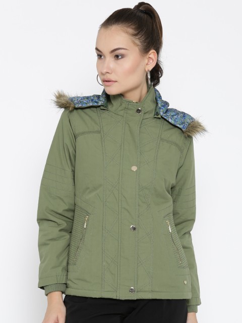 

Monte Carlo Women Olive Green Solid Parka Jacket with Detachable Hood