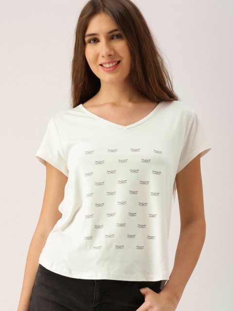 

DressBerry Women White Printed V-Neck T-shirt