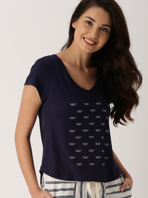 

DressBerry Women Navy Blue Printed Round Neck T-shirt