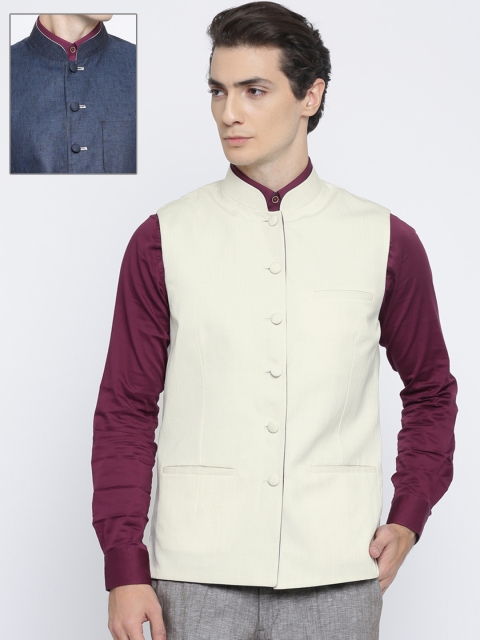 

Theme Men Blue & Off-White Solid Reversible Linen Nehru Jacket