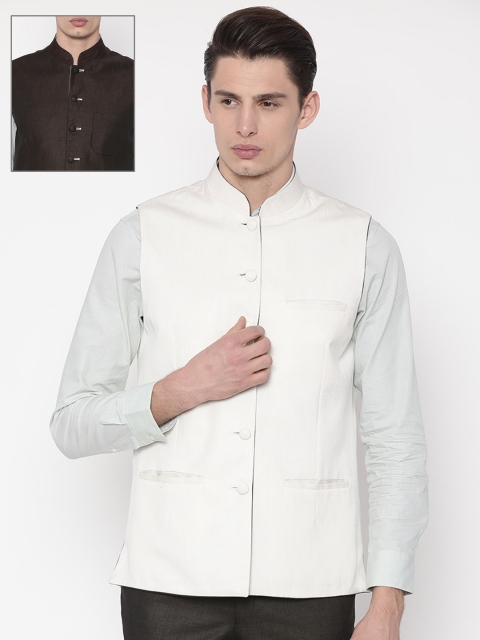 

Theme Men Maroon & Off-White Solid Reversible Linen Nehru Jacket