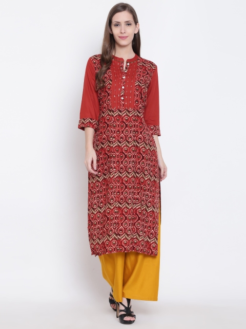 

Shree Women Rust Brown & Green Printed Straight Kurta