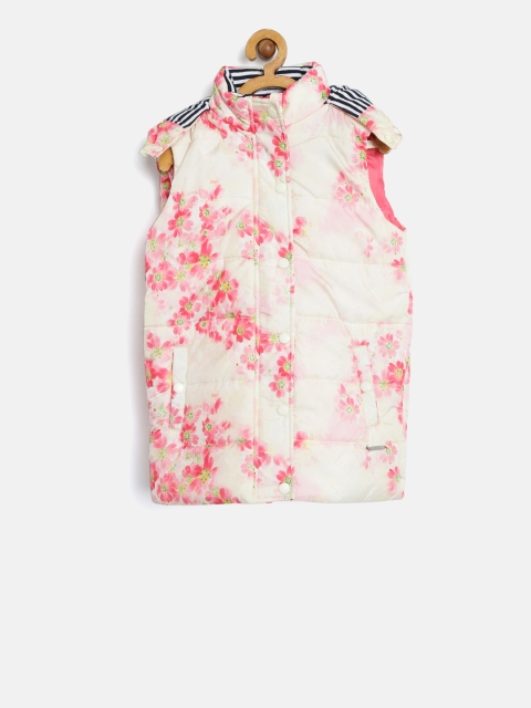 

U.S. Polo Assn. Kids Girls Off-White Floral Print Sleeveless Hooded Padded Jacket