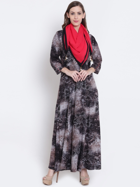 

Shree Women Grey & Brown Printed Maxi Dress With Scarf