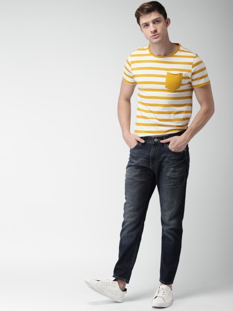 

Mast Harbour Men White Mustard Striped Round Neck Pure Cotton T-shirt