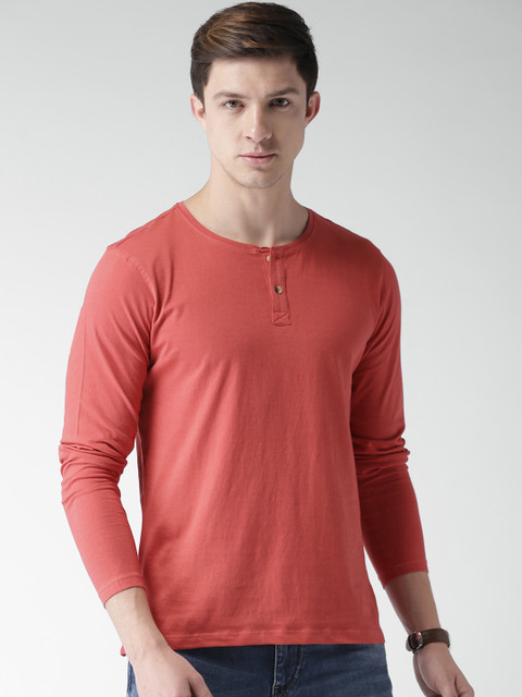 

Mast & Harbour Men Coral Pink Solid Henley Neck T-shirt